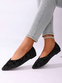 Women's Elegant College Style Basic Rhinestone Pointed Toe Suede Flat Soft Bottom Fashionable Versatile Slip-On Loafers, Suitable For Party And Holidays - Black - View 5