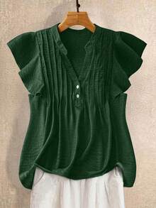 Loose Pleated V-Neck Short Sleeve Pullover Blouse Women, Solid Color Front Button Casual Top For Holiday & Daily Wear - Green - View 4