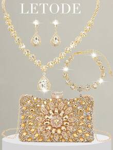 Rhinestone Jewelry Bling Necklace Earrings Bracelets Set For Women Bridal Wedding Sparkling Clutch For Women Prom With Detachable Metal Chain For Wedding And Party Bag For Women Clutch Purses For Ladies Bag Versatile Glitter Bag Cocktail Party Wedding New Wallet Banquet Bag For Bride And Bridesmaids, Glamorous Rhinestone Bag - 金色 - 查看 1