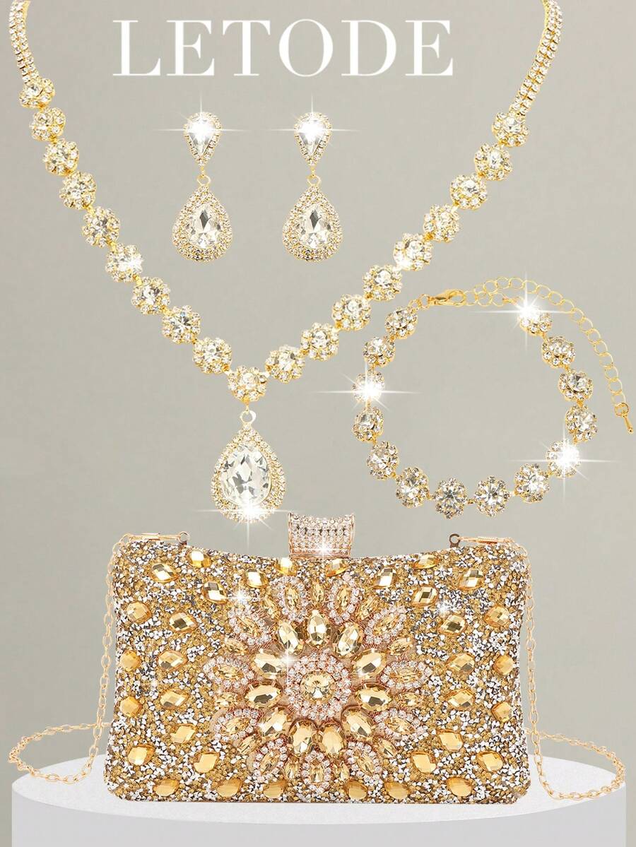 Rhinestone Jewelry Bling Necklace Earrings Bracelets Set For Women Bridal Wedding Sparkling Clutch For Women Prom With Detachable Metal Chain For Wedding And Party Bag For Women Clutch Purses For Ladies Bag Versatile Glitter Bag Cocktail Party Wedding New Wallet Banquet Bag For Bride And Bridesmaids, Glamorous Rhinestone Bag - 金色 - 查看 1