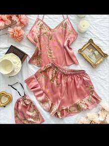 2-Piece Women's Plus Size Sexy V-Neck Cherry Printed Suspenders, Four-Season Home Shorts Pajamas Set, The Best Gift For Girlfriend - 粉色 - 查看 6