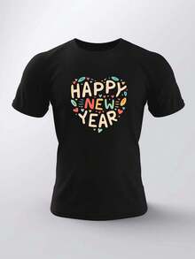 Happy New Year Print T Shirt, Tees For Men, Casual Short Sleeve T-Shirt For Summer - Black - View 1