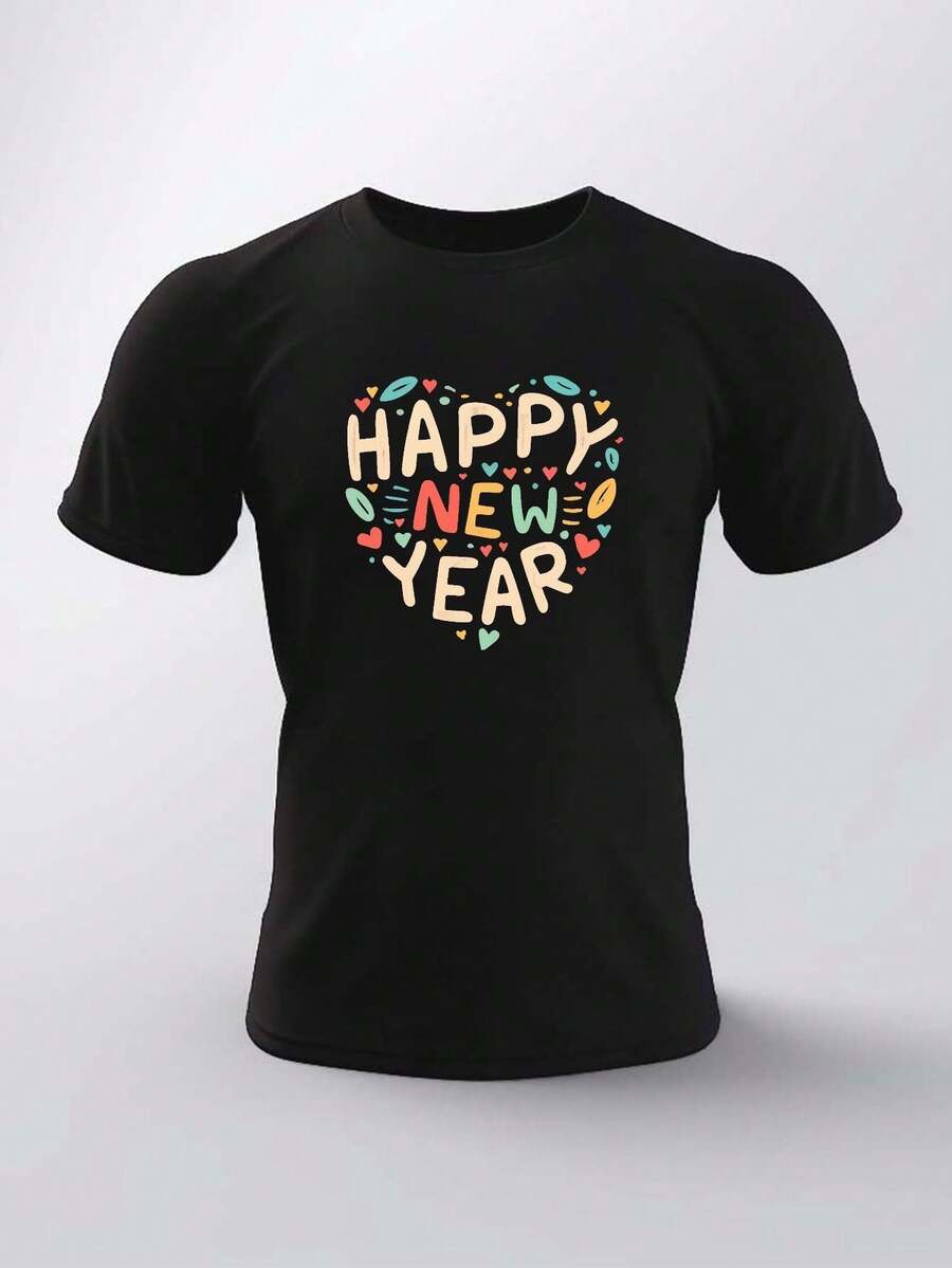 Happy New Year Print T Shirt, Tees For Men, Casual Short Sleeve T-Shirt For Summer - Black - View 1