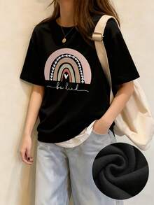 少女休闲彩虹印花圆领短袖T恤，夏季 - 黑色 - 查看 6