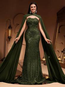 Đầm maxi dáng đuôi cá tay xòe sang trọng cao cấp AMILUCK, chất liệu chiffon đính sequin và ren, thanh lịch, thích hợp cho tiệc tối trang trọng, dự đám cưới, sự kiện thảm đỏ, váy cưới mùa xuân. - xanh quân đội - Xem 3