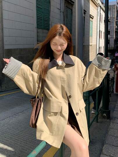 韓国風コントラストカラー カーキ ミドル丈 ウインドブレーカージャケット レディース、ルーズフィット、エレガントなブリティッシュスタイル、秋冬