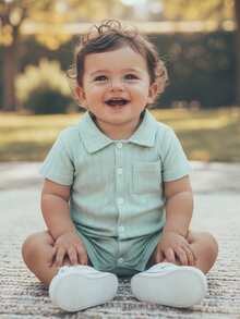 Mono de verano para bebé niño, camisa informal con textura a rayas, color liso, con botones y manga corta - Verde - Ver 3