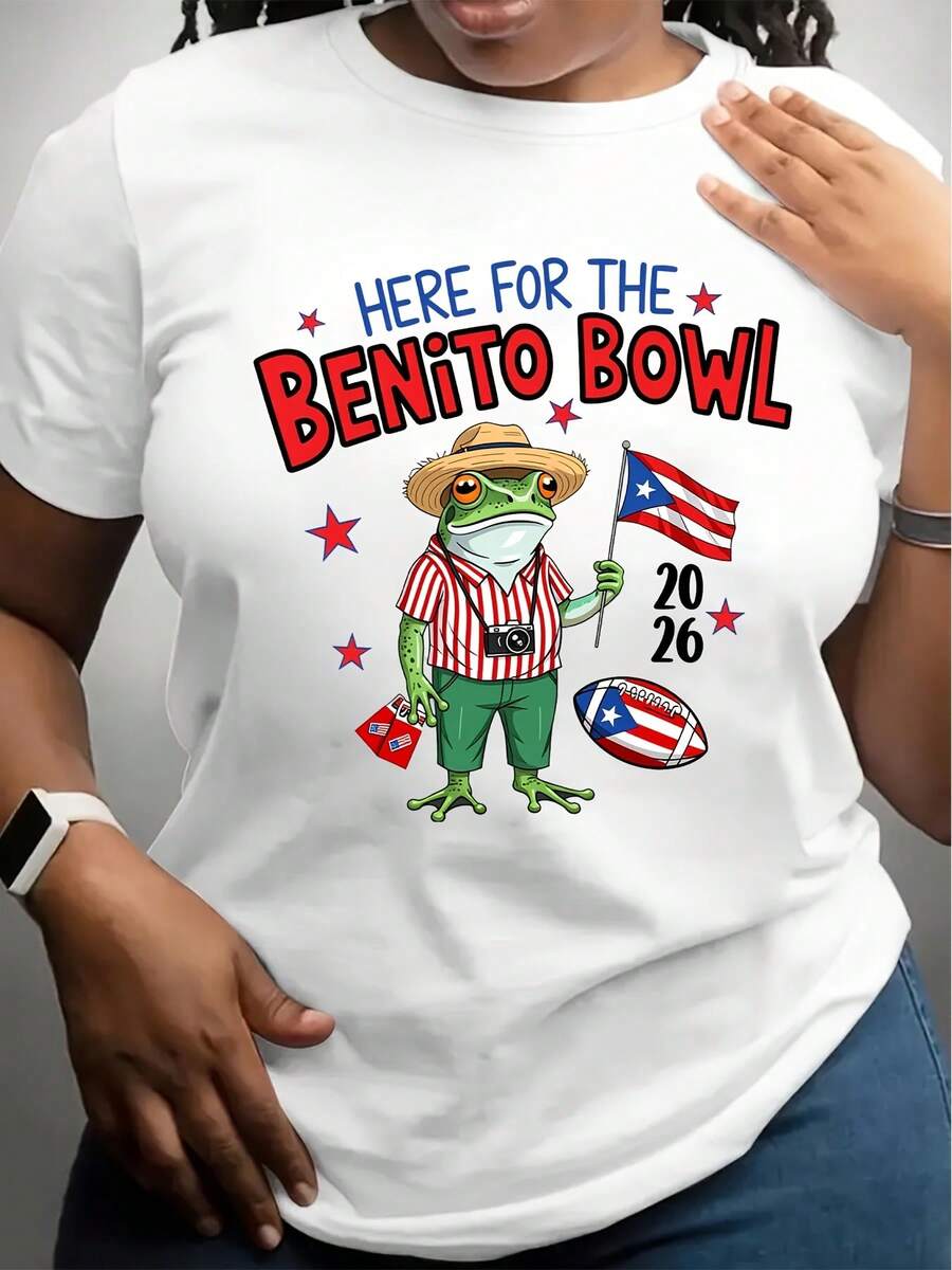 Black T Shirt With Frog Holding Puerto Rico Flag And Football Benito Bowl 2026 Text For Sports Events And Cultural Celebrations - trắng - Xem 1