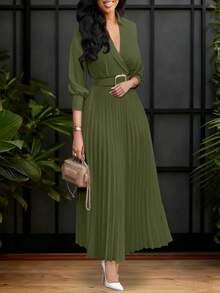 Lightweight Solid Color Pleated Skirt With Belt, Elegant Vintage Dress For Women, Autumn/Winter - Olive Green - View 10