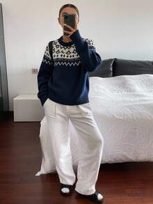 Livesso Oversized Damen Pullover mit Fair Isle Muster, Vintage Stil, für Herbst/Winter - marineblau - Übersicht 6