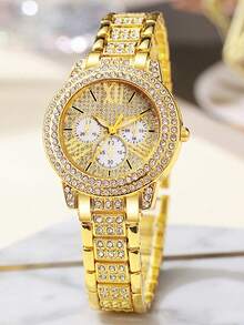 2 件套奢华女士套装：金色石英表搭配水晶链和经典嘻哈手链，时尚迷人，是送给女性的理想礼物 - 金色 - 查看 3