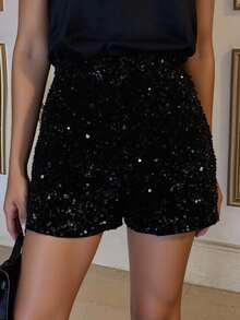 Livesso 女士时尚通勤亮片宽松短裤，新年嘉年华 - 黑色 - 查看 1