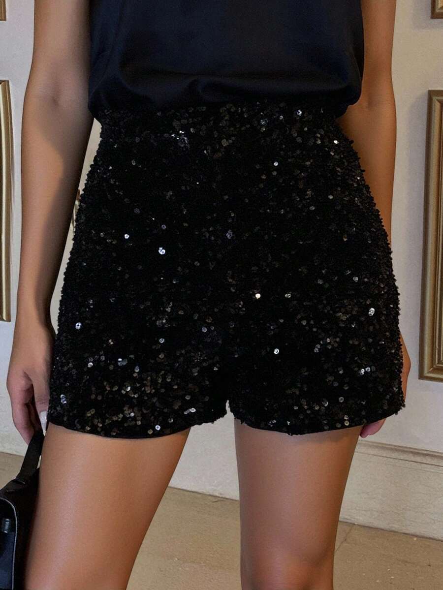 Livesso 女士时尚通勤亮片宽松短裤，新年嘉年华 - 黑色 - 查看 1