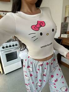 SANRIO Bộ đồ ngủ 2 món cổ tròn tay dài in họa tiết Hello Kitty dành cho nữ + quần ống đứng cạp chun - Màu xanh lam - Xem 3