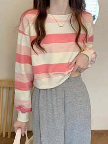 Camiseta de cuello redondo a rayas estilo americano para mujer. Novedad de otoño. Sudadera ligera y holgada. Top de manga larga. - Rosa - Ver 5