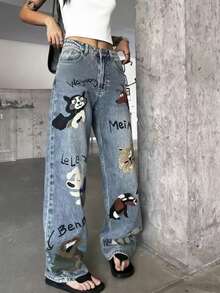 Y2K Street Washed Letter Cartoon Print Slant Pocket Wide Leg Jeans Preppy Comfort Denim Pants - Blue - View 2