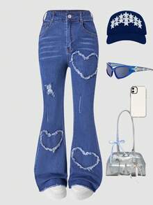 女童前口袋破洞裤脚牛仔裤，休闲Y2K复古喇叭弹力牛仔裤，适合日常穿着 - 藍色 - 查看 2