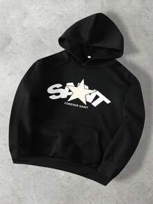 Vintage Loose Fit Star Print Hoodie Sweatshirt For Men, Streetwear Style, Couple Matching, Thermal Lined, Autumn/Winter - Black - View 2