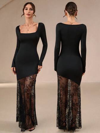 Romantic Elegant Black Lace Long Sleeve Bodycon Dress With Asymmetrical Hem For Valentine's Day, Wedding, Party Concert Rave Outfit Women Women Dresses Prom