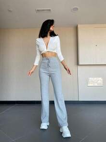 High Waisted Drawstring Wide Leg Sweatpants | Heather Grey Loose Lounge Trousers - Grey - View 3