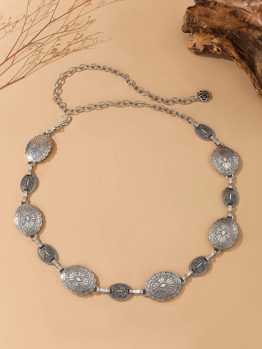 Women's Vintage Bohemian Style Silver Metal Embossed Floral Pattern Decorative Waist Chain, Fashionable Versatile Accessory To Pair With Dresses - Silver - View 1