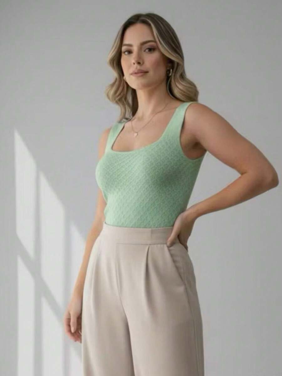 Women's Basic Modal Knit Bodysuit With Square Neckline - Summer Fashion - Green - View 1