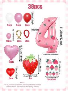 38pcs Strawberry Number Balloon Set, Suitable For Fruit Birthday Party Decoration, Cute Party, Tropical Party, Birthday Decoration, Strawberry Theme Birthday, Atmosphere Scene Decoration Supplies - Multicolor - View 3