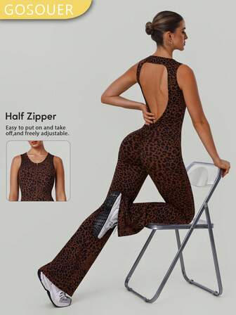 GOSOUER 1pc Women's Sexy Hollow Deep V Back Leopard Print Round Neck Front Zipper High Waist Contour Sports Running Fitness Gymnastics Dance Flared Jumpsuit