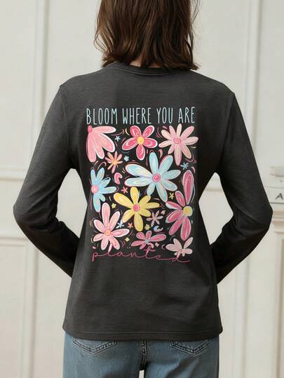 1 件女童休闲印花圆领长袖 T 恤，秋季学生年轻服装