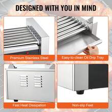 Hot Dog Roller 7 Rodillos 18 Hot Dogs Capacidad 1050W Acero inoxidable Salchicha Parrilla Cocina Máquina con doble control de temperatura Cubierta de vidrio Acrílico Calentador Estante Bandeja de goteo de aceite extraíble, certificado ETL - 7 rodillos - Ver 6