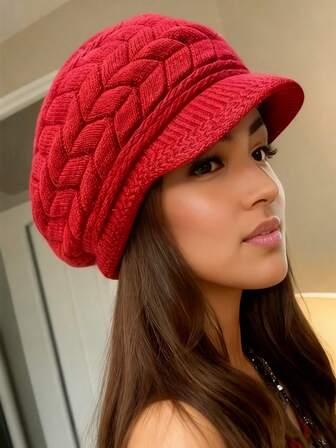 Gorro de punto grueso y cálido para mujer para exteriores, boina de punto de unicolor retro, ligero y a prueba de viento para invierno y otoño