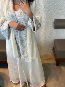 1 Stück Damen eleganter klassischer mehrfarbiger Ditsy Blumen Patchwork Ärmel Design Abaya mit Diamant Dekor, zeigt einen raffinierten und anmutigen Stil, geeignet für alle Jahreszeiten und kulturelle Veranstaltungen, vielseitig für den täglichen Gebrauch Weiß - Weiss - Übersicht 3