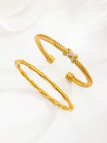 Bộ 2 vòng tay dây chữ X và nút thắt tre bằng thép không gỉ màu vàng, dùng hàng ngày, ngày lễ, quà tặng cho mẹ, bạn gái, bộ trang sức - vòng đeo tay - Xem 9