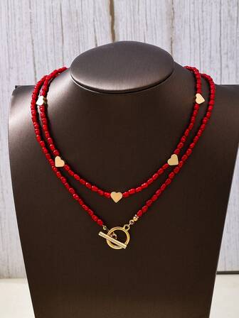 2件套精美红色串珠仿珍珠双层心形项链，龙虾扣设计，女士颈链，适合日常外出、送给女朋友、家庭聚会、送给女儿的礼物