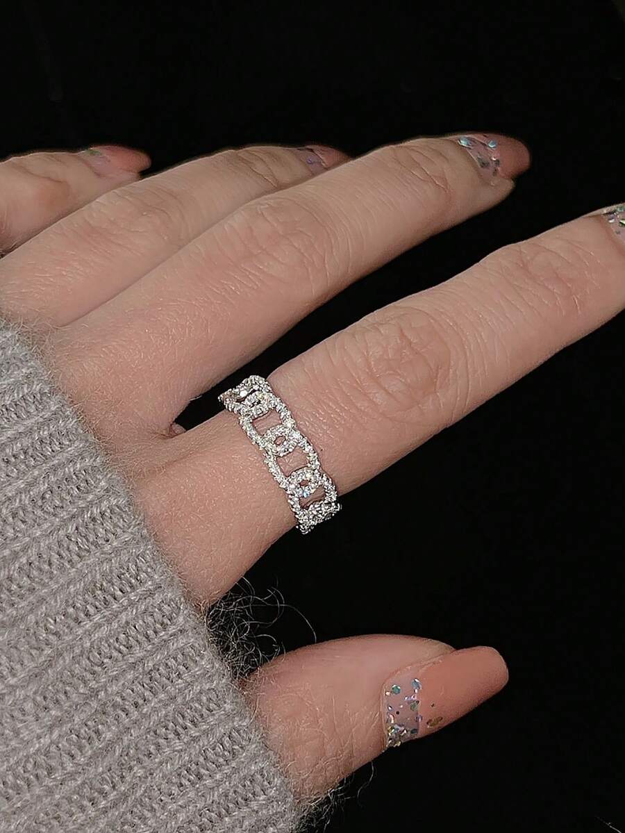 1枚银色链条设计戒指，镶嵌立方氧化锆，时尚女款戒指 - 銀色 - 查看 1