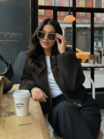 GMFP 女士休闲百搭纯色主教袖拉链女式秋季飞行员夹克黑色羊毛大衣