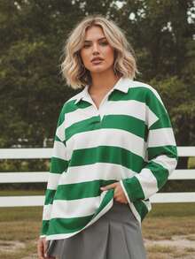 Women Striped Oversized T-Shirts Casual Loose Lapel V Neck Long Sleeve Tops  Fall Streetwear - màu xanh lá - Xem 5