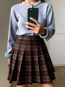 Livesso Vintage Plaid Pleated A-Line Skirt For Women, Casual Autumn/Winter Christmas - Burgundy - View 3