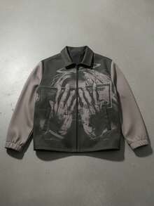 Men's Casual Graphic Print Suede Fleece Collar Jacket, Suitable For Spring And Autumn