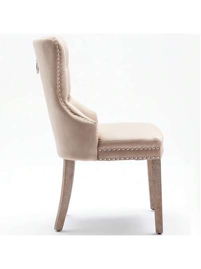 Dining Stoel (Kitchen Chair, Living Room Original Knocker On The Back, Set Of 2), Upholstered Nailhead Solid Wood Legs, Fluwelen Upholstery, Beige view 8