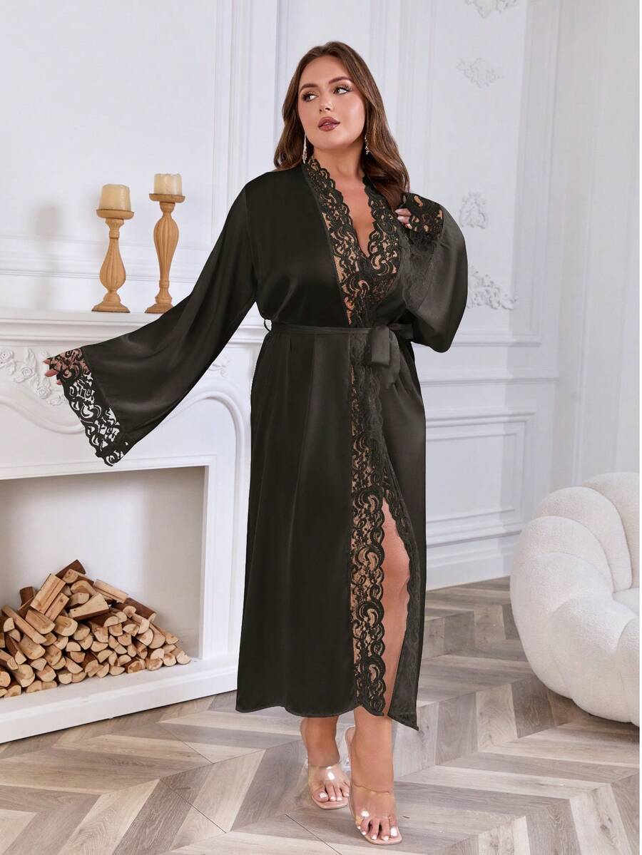 新款加大码女士优雅缎面睡袍，柔软蕾丝边饰，喇叭长袖，丝滑舒适，可作新娘睡袍、伴娘礼服，含腰带，适合居家穿着。 - 黑色 - 查看 1