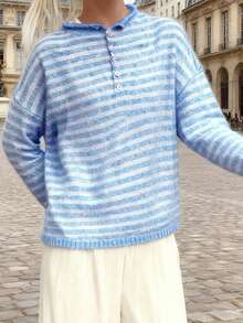 Women Striped Knit Sweater Long Sleeve Button Closure Solid/Stripes Pullover Warm Sweater For Fall Winter - Blue - View 4