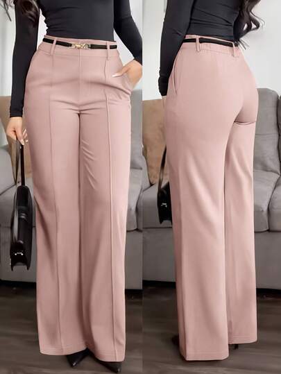 Solid Color Pocket Zipper Elegant Casual Office Pants, No Belt