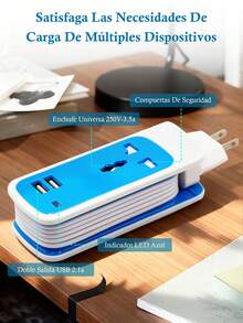 Regleta Cargador Multicontactos,Extencion Portatil Para Viaje Con Puestos Usb Y Enchufe - Azul - Ver 8