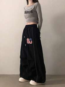 Vintage Flag Print Pleated Quick-Dry Paratrooper Pants For Women, Autumn Sports Wide Leg Jazz Dance Trousers - Black - View 3