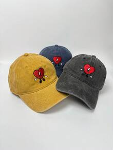 1 pieza Gorra de béisbol de denim vintage lavado con bordado de corazón, gorra snapback casual y versátil unisex - A - Ver 1