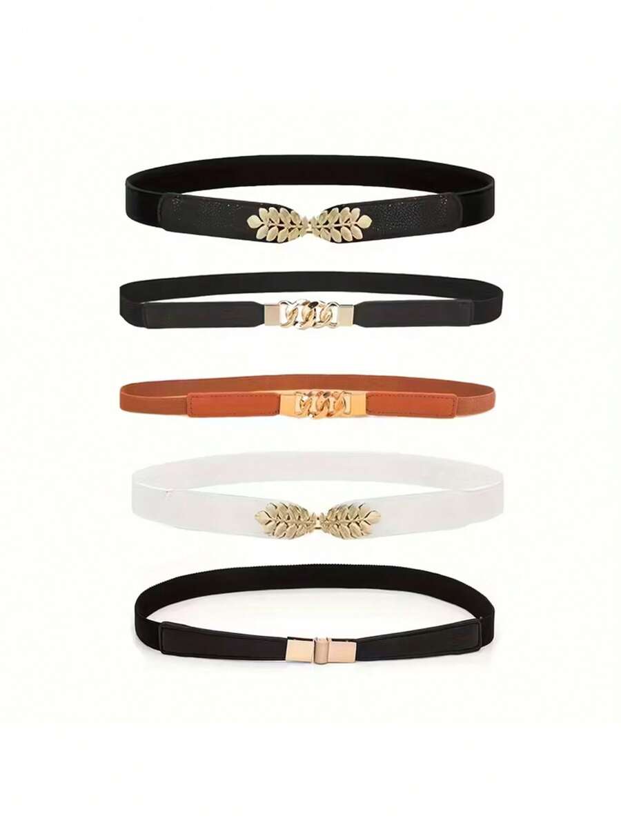 5pcs/Set Women's Vintage Elastic Cinch Waist Belt - Leaf Buckle Elastic Waist Belt, Hollow Design, Suitable For Dresses And Coats, Hand Wash - Fit For Casual, Beach, Party, Wedding And More Occasions - Multicolor - View 1