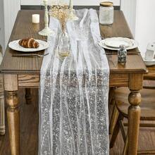 White Silver Gauze Table Runner 120 Inch 10FT, Glitter Metallic Foil Sheer Dining Holiday Wedding Anniversary Birthday Table Decor For Home Party,28inchx120inch,WhiteSilver - 銀 - 查看 5