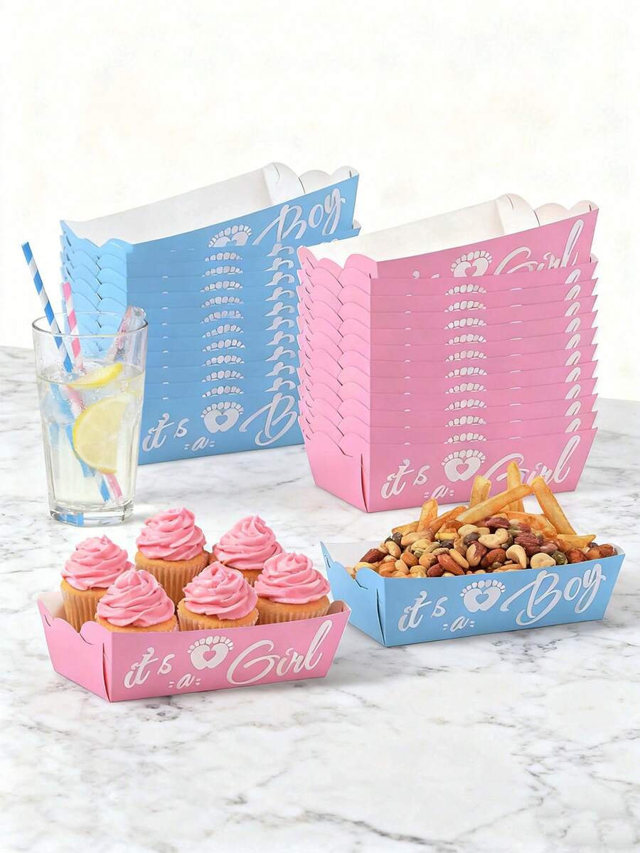 40 hộp bỏng ngô tiết lộ giới tính, hộp bỏng ngô hình thuyền, màu xanh và hồng cho tiệc tiết lộ giới tính, hộp đựng đồ tráng miệng trang trí tiệc chào đón em bé
