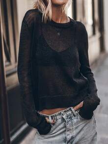 Áo thun lưới xuyên thấu cổ tròn tay dài phối màu tương phản VIBEWAVE, bộ sưu tập Xuân/Hè. - màu đen - Xem 1